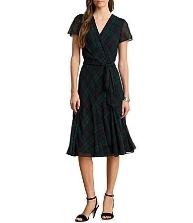 Lauren Ralph Lauren Crinkle Georgette Plaid Print V-Neck Short Sleeves Fit-and-Flare Dress by Ralph Lauren