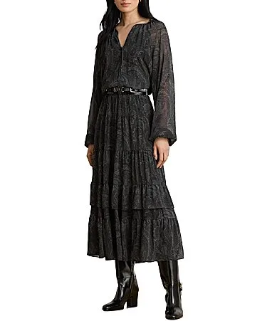Lauren Ralph Lauren Crinkle Georgette Tonal Paisley Print Split Neck Long Sleeve Midi Length A-Line Dress by Ralph Lauren