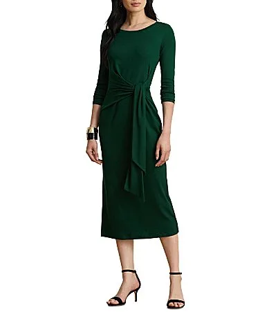 Lauren Ralph Lauren Stretch Ribbed Knit Crew Neck Long Sleeve Tie Waist Midi Length Dress by Ralph Lauren