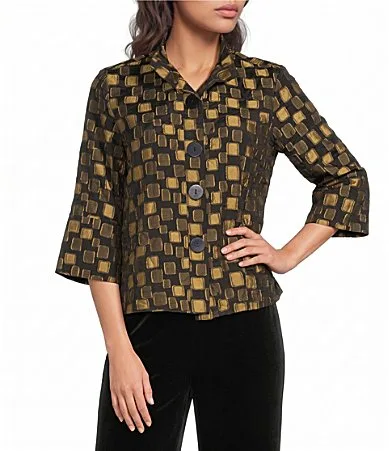Woven Jacquard Gold Dot Wire Collar 34 Sleeve Button Front Jacket by Ali Miles