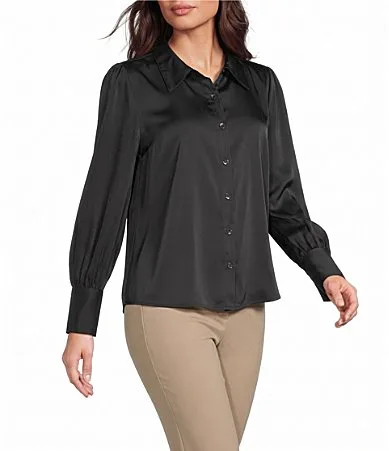 Long Cuffed Sleeve Point Collar Button Down Satin Top