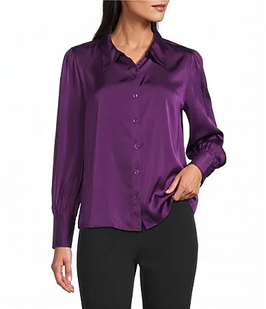 Long Cuffed Sleeve Point Collar Button Down Satin Top