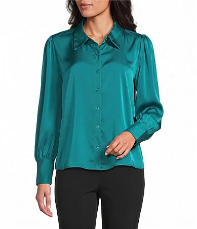 Long Cuffed Sleeve Point Collar Button Down Satin Top