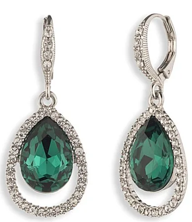 Silver Tone Emerald Open Pave Pear Drop Earrings