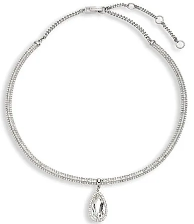 Silver Tone Pear Stone Pendant Collar Necklace