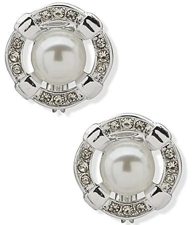 Silver Tone Openwork Pearl Stone Button Stud Clip Earrings