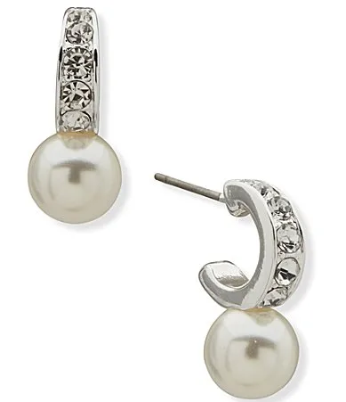 Silver Tone Huggie C Hoop Pearl Drop Earrings