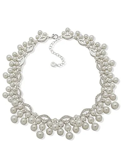 Silver Tone Scalloped Cluster Pearl Collar Necklace by Anne Klein