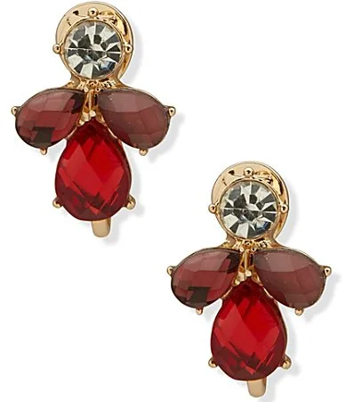 Gold Tone Red Cluster Stone Button Drop Clip Earrings