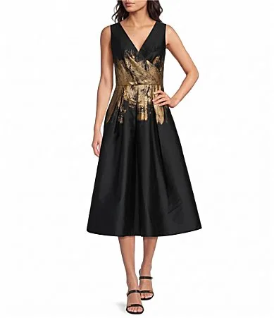 Jacquard Metallic Printed Pleated Fit & Flare Dress