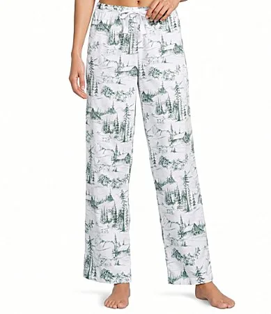 Green Toile Print Flannel Drawstring Tie Coordinating Holiday Sleep Pants