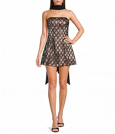 Beaded Diamond-Pattern-Lace Strapless A-Line Dress by City Vibe