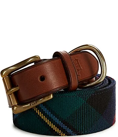 Leather-Trim Plaid Belt by Polo Ralph Lauren