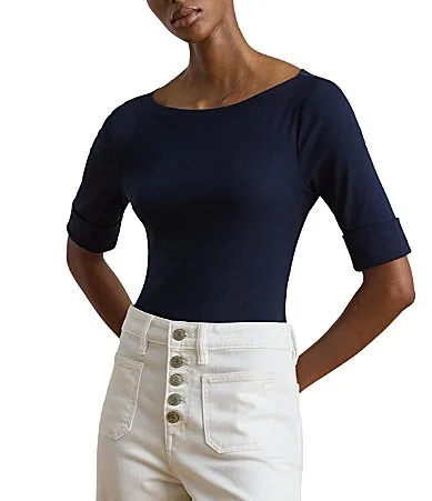 Boat Neck Short Sleeve Cotton Blend Knit Top by Ralph Lauren