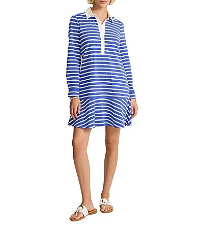 Seaside Splendor Jersey Knit Stripe Point Collar Long Sleeve Shirt Dress by Tommy Bahama