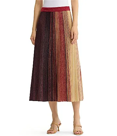 Wrinkle-Resistant Lurex Metallic Knit No-Roll Waist Stripe Flared Coordinating Midi Skirt