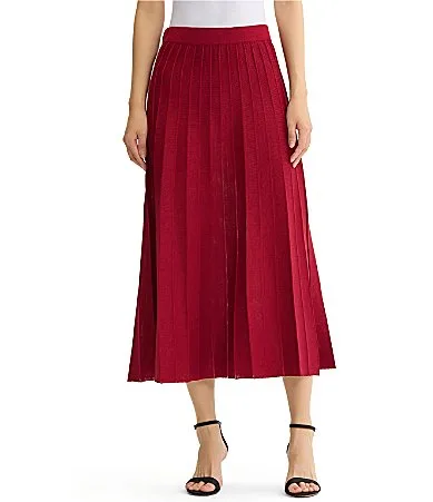 Wrinkle-Resistant Flared Pleated Ribbed Knit Coordinating Pull-On Midi Skirt