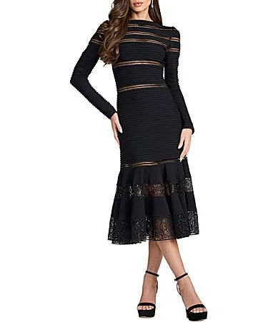 Boat Neck Lace Inset Pintuck Crepe Midi Dress