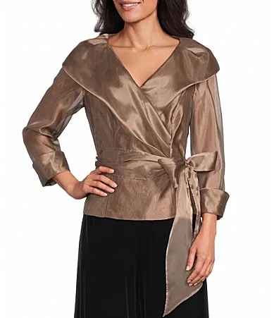 Portrait Collar Tie Waist 3/4 Sleeve Organza Blouse