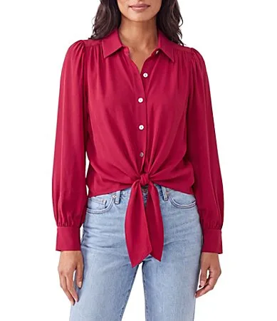 Soft Challis Point Collar Puff Sleeves Tie Front Top by Karen Kane