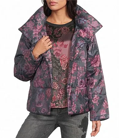 Floral Print Stand Collar Long Sleeve Quilted Puffer Jacket by Johnny Was