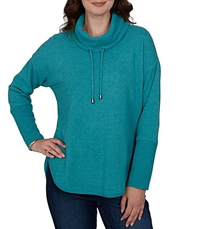 Waffle Knit Drawstring Draped Cowl Neck Long Sleeve Top by Ruby Rd