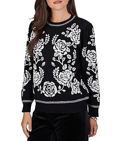 Jacquard Knit Ivory Rose Crew Neck Long Sleeve Sweater by Ruby Rd