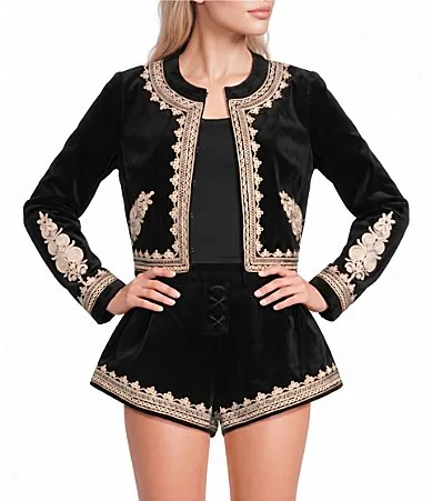 Braswell Embroidered Round Neck Long Sleeve Coordinating Short Jacket by Amanda Uprichard