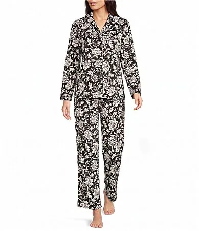 Floral Long Sleeve Notch Collar Fleece Long Pajama Set by Cabernet