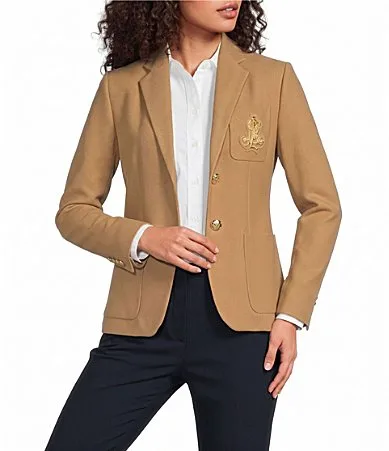 Lauren Ralph Lauren Stretch Jacquard Bullion Patch Notch Lapel Long Sleeve One-Button Blazer by Ralph Lauren