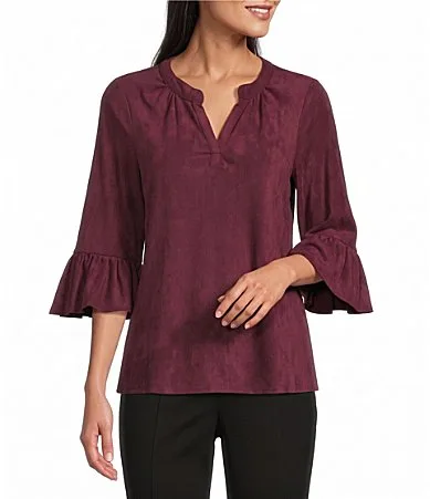 Faux Suede Split V-Neck 3/4 Ruffle Bell Sleeve Top by Intro