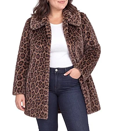 Faux Fur Leopard Point Collar Long Sleeve Car Coat by Liverpool Los Angeles