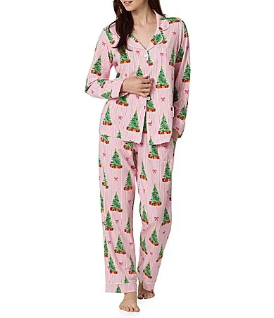 Pretty in Pine Print Long Sleeve Notch Collar Organic Cotton Jersey Knit Pajama Set