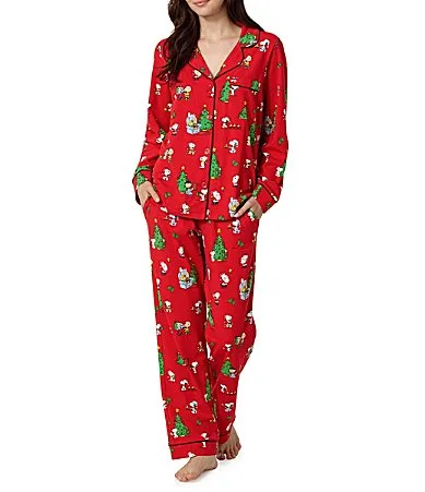 Merry Beagle & Bright Print Organic Cotton Jersey Knit Notch Collar Long Sleeve Pajama Set