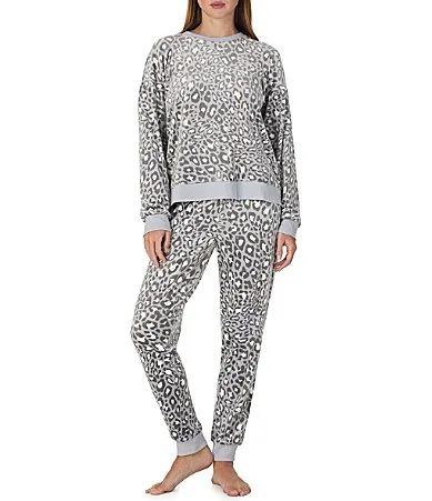 Animal Print Long Sleeve Round Neck Stretch Velour Jogger Pajama Set