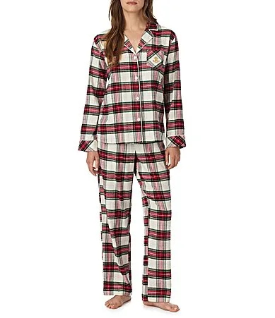 Lauren Ralph Lauren Cream Plaid Print Notch Collar Long Sleeve Brushed Twill Pant Pajama Set