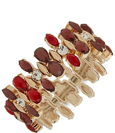 Gold Tone Red Cluster Stone Stretch Bracelet