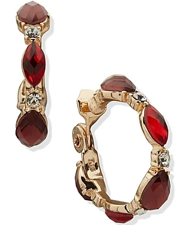 Gold Tone Red Navette Stone Hoop Clip Earrings