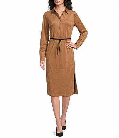 Suede Point Collar Long Sleeve Knee Length Shirtdress by Donna Karan
