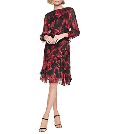 DKNY by Donna Karan Boat Neck 3/4 Sleeve Ruffle Hem Chiffon Dress by Donna Karan