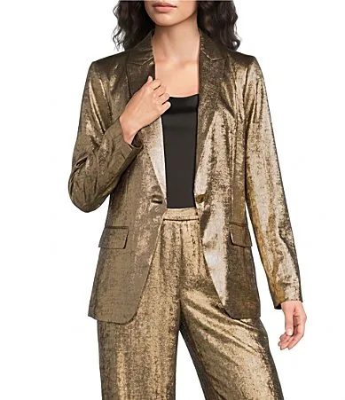 Metallic Peak Lapel Long Sleeve Front Single Button Coordinating Blazer by Donna Karan