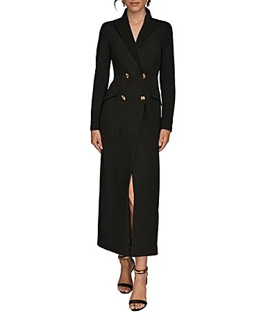 Scuba Crepe Twill and Satin Long Sleeve Notched Collar Button Front Dress by Donna Karan