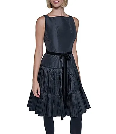 Taffeta Square Neck Sleeveless Tiered Pleated Skirt Knee High Dress by Sonia Rykiel