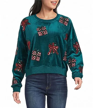 Long Sleeve Round Neck Presents and Bows Sequin Embroidered Cropped Sweatshirt by Le Lis