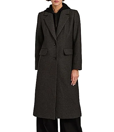 Wool Blend Notch Lapel Rib Front Bib Button Front Top Coat by Bernardo