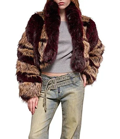 Padme-Brown Shawl Collar Faux Fur Cropped Jacket by Azalea Wang