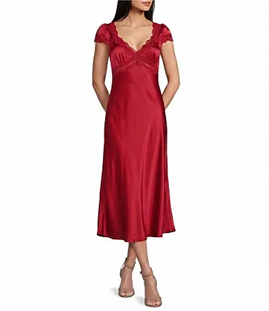 Cap Sleeve Lace Trim Satin Midi Dress