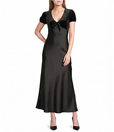 Short Sleeve Velvet-Bow Satin Midi Dress by Allison & Kelly