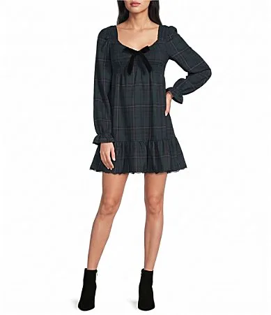 Long Sleeve Plaid Tiered Dress