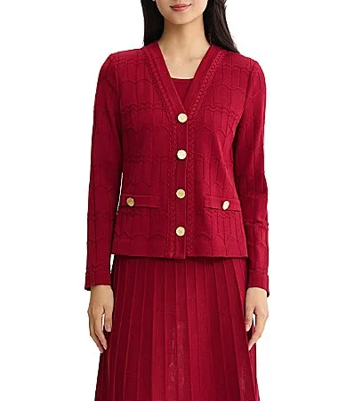 Wrinkle-Resistant V-Neck Long Sleeve Braided Trim Coordinating Button-Front Cardigan